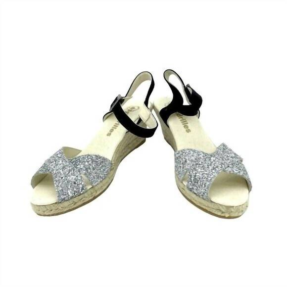 NEW ESPADRILLES women's boem glitter wedge sandals in silver - Picture 3 of 4